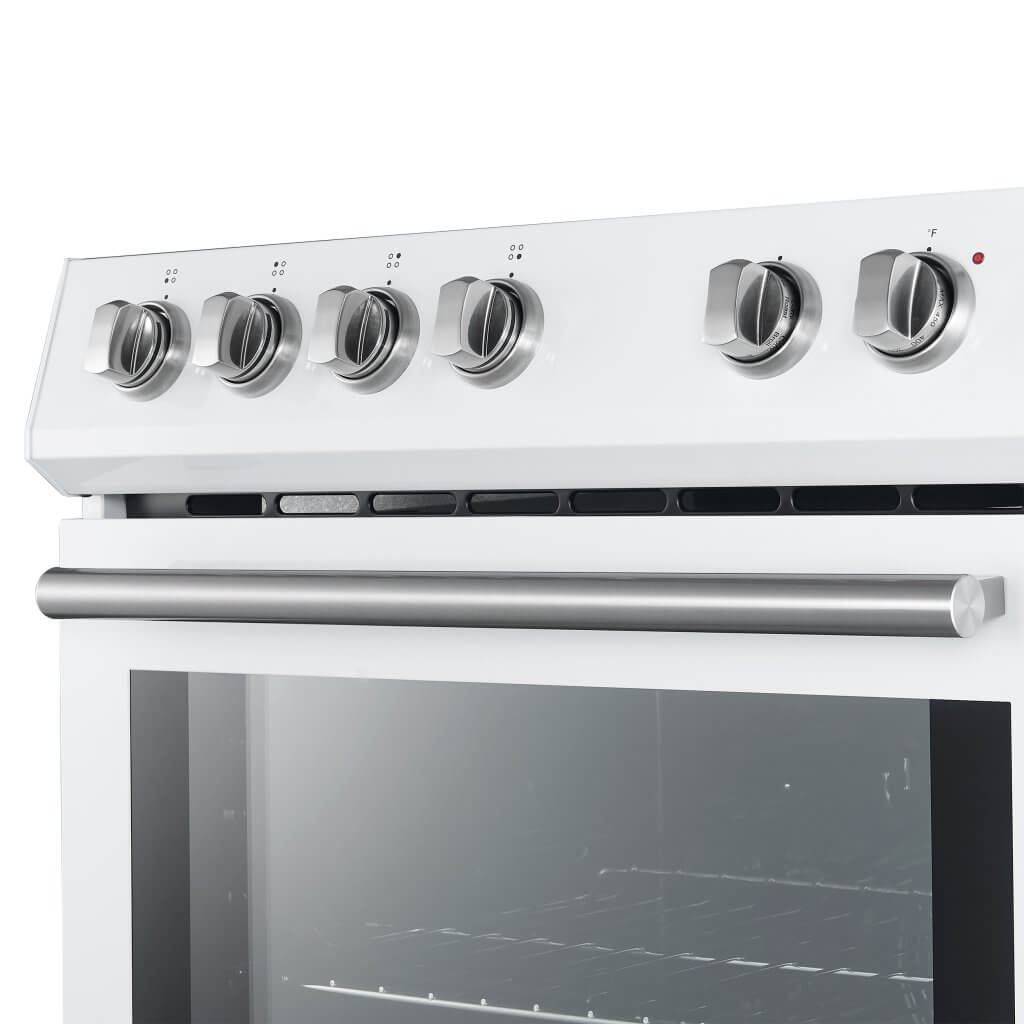 Forno Leonardo Espresso 30" Electric Range in White with Antique Brass and Stainless Handles, FFSEL6012-30WHT I Luxury Appliances Direct