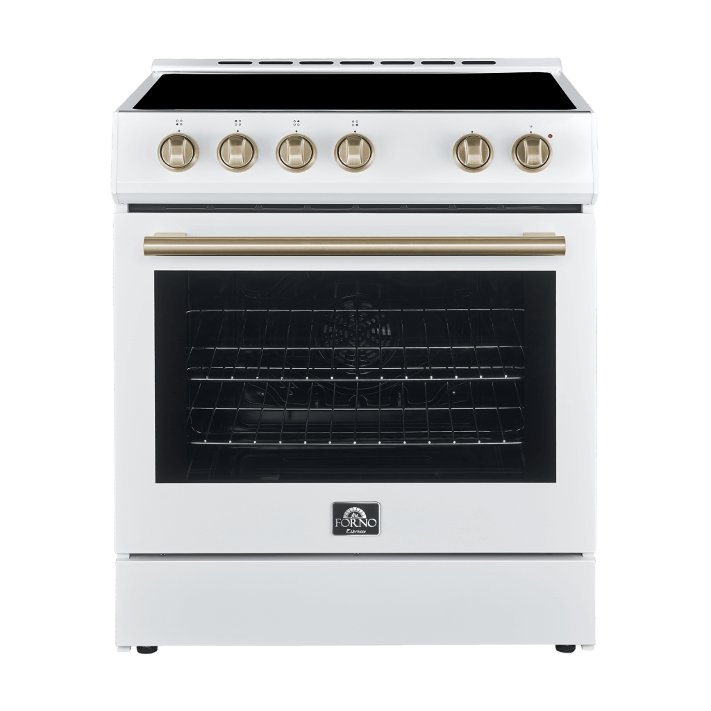 Forno Leonardo Espresso 30" Electric Range in White with Antique Brass and Stainless Handles, FFSEL6012-30WHT I Luxury Appliances Direct
