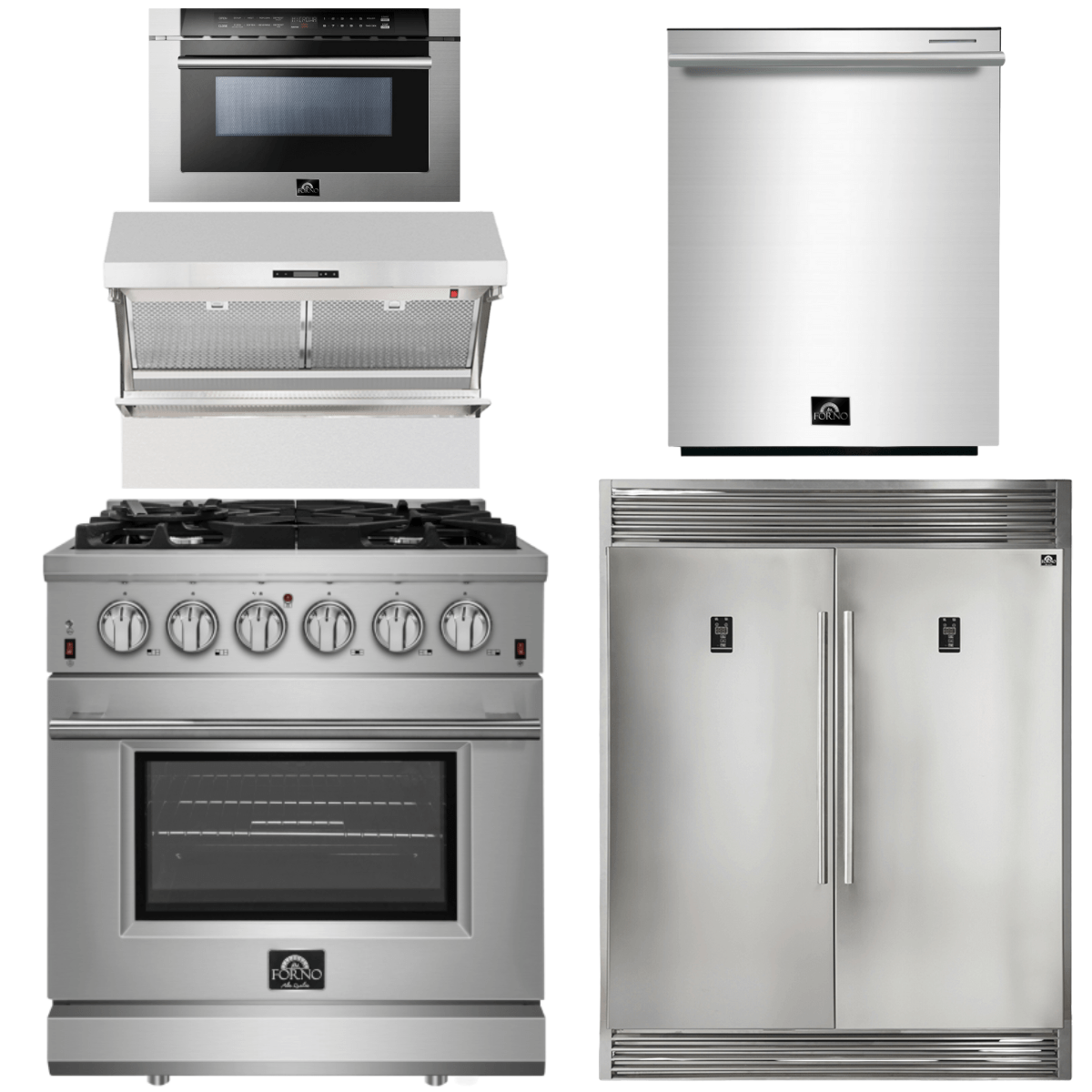Forno Package 30-Inch Range, Range Hood, Refrigerator, Microwave Drawer, Dishwasher AP-FFSGS6239-30-8 I Luxury Appliances Direct