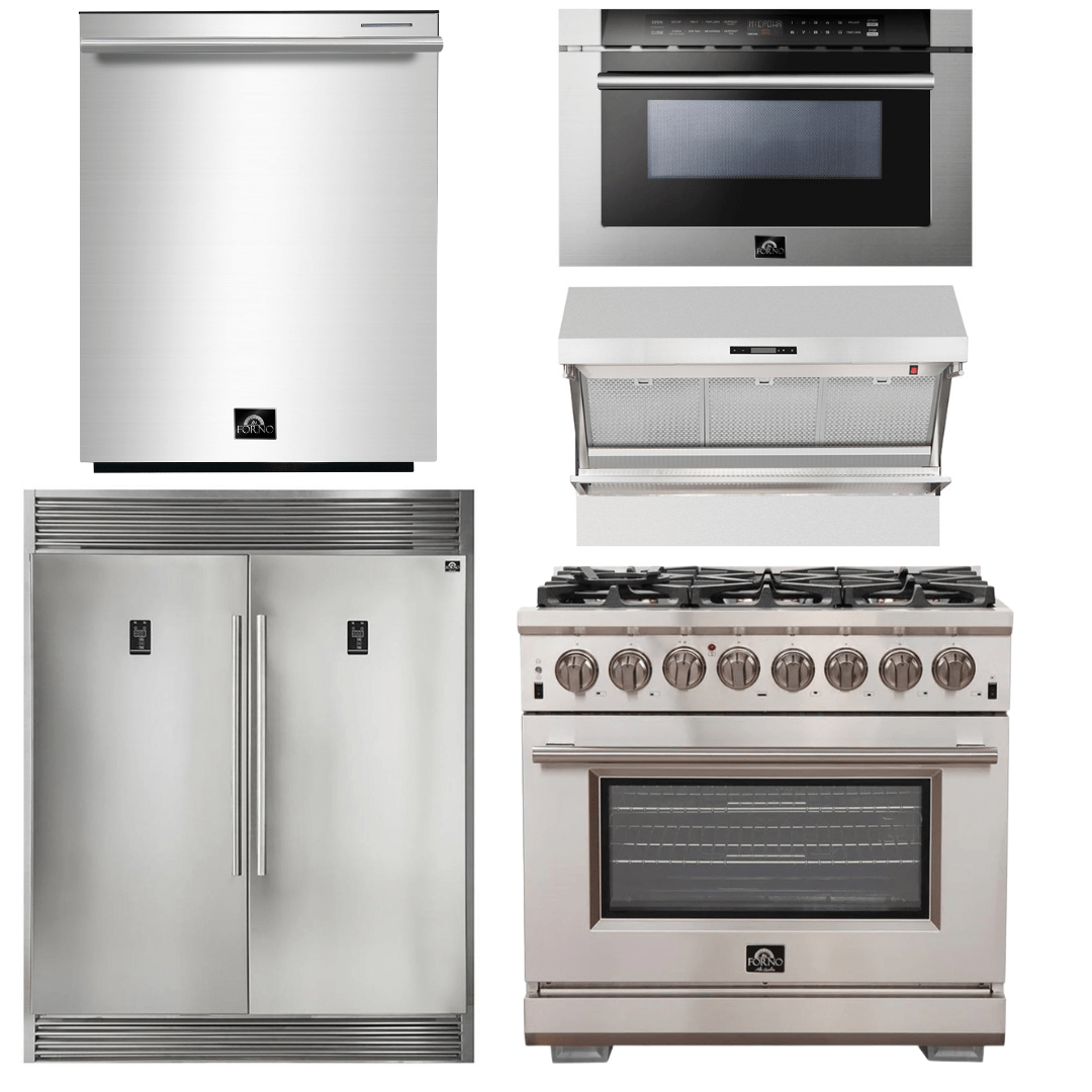 Forno Package 36-Inch Fuel Range, Range Hood, Refrigerator, Microwave, Dishwasher, AP-FFSGS6187-36-8 I Luxury Appliances Direct