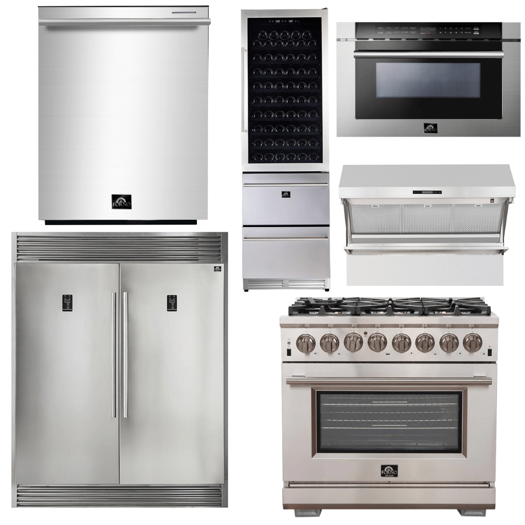 Forno Package 36-Inch Range, Range Hood, Refrigerator, Microwave, Dishwasher, Wine Cooler, AP-FFSGS6187-36-9 I Luxury Appliances Direct