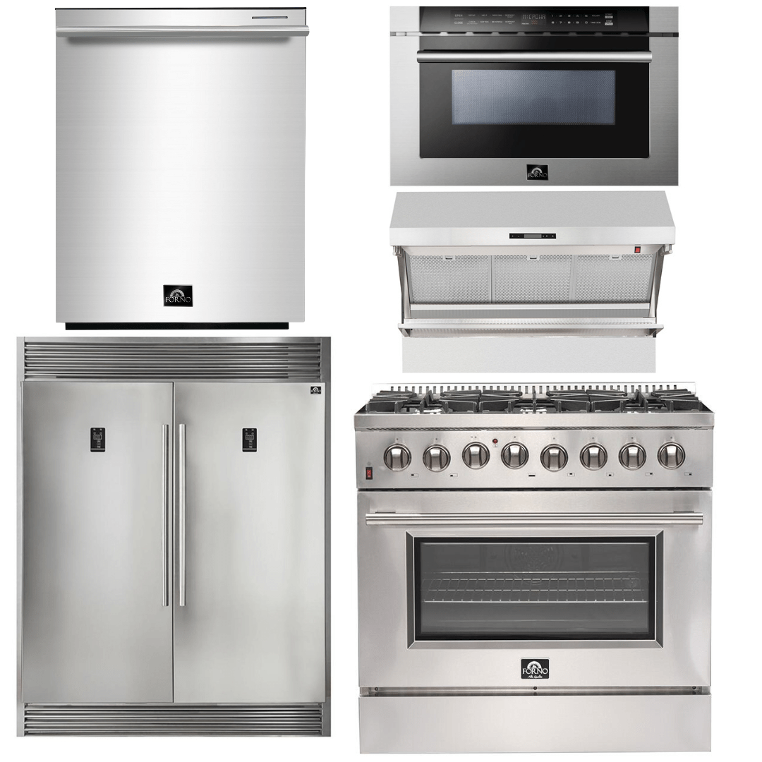 Forno Package 36-Inch Dual Fuel Range, Range Hood, Refrigerator, Microwave Drawer, Dishwasher, AP-FFSGS6156-36-8 I Luxury Appliances Direct