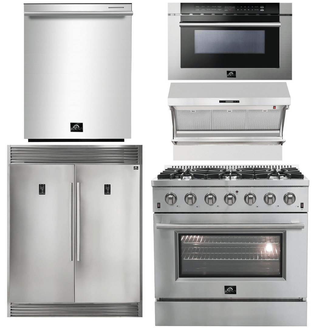 Forno Package 36-Inch Gas Range, Range Hood, Refrigerator, Microwave Drawer, Dishwasher, AP-FFSGS6244-36-8 I Luxury Appliances Direct