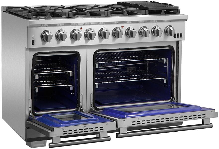 Forno Package 48-Inch Fuel Range, Range Hood, Refrigerator, Microwave, Dishwasher, Wine Cooler AP-FFSGS6187-48-9 I Luxury Appliances Direct