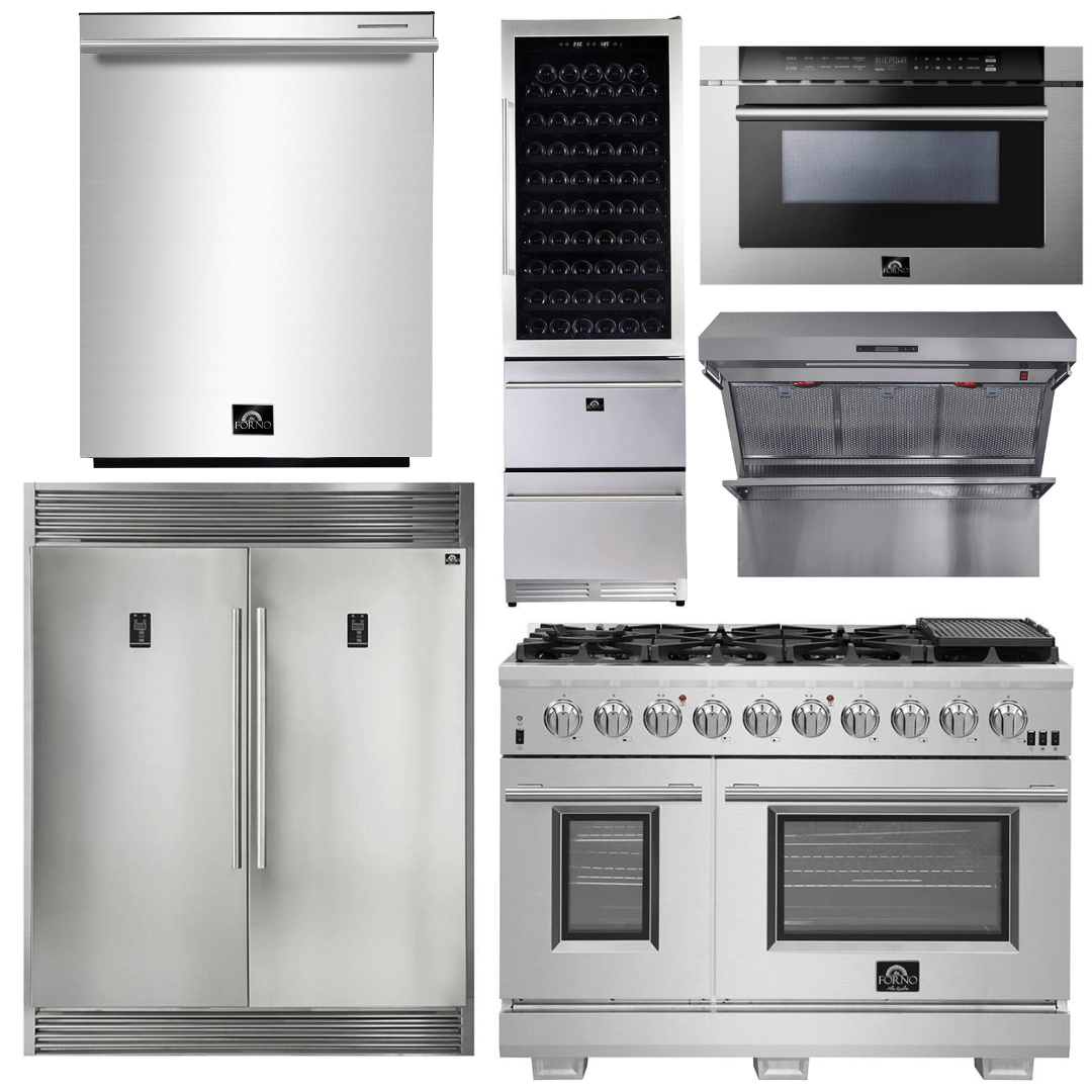 Forno Package 48-Inch Fuel Range, Range Hood, Refrigerator, Microwave, Dishwasher, Wine Cooler AP-FFSGS6187-48-9 I Luxury Appliances Direct