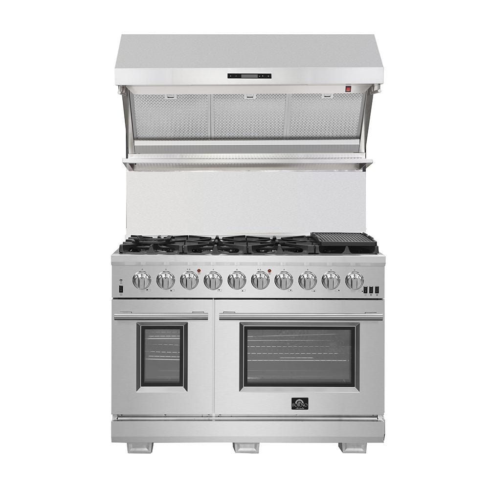 Forno Package 48-Inch Fuel Range, Range Hood, Refrigerator, Microwave, Dishwasher, Wine Cooler AP-FFSGS6187-48-9 I Luxury Appliances Direct