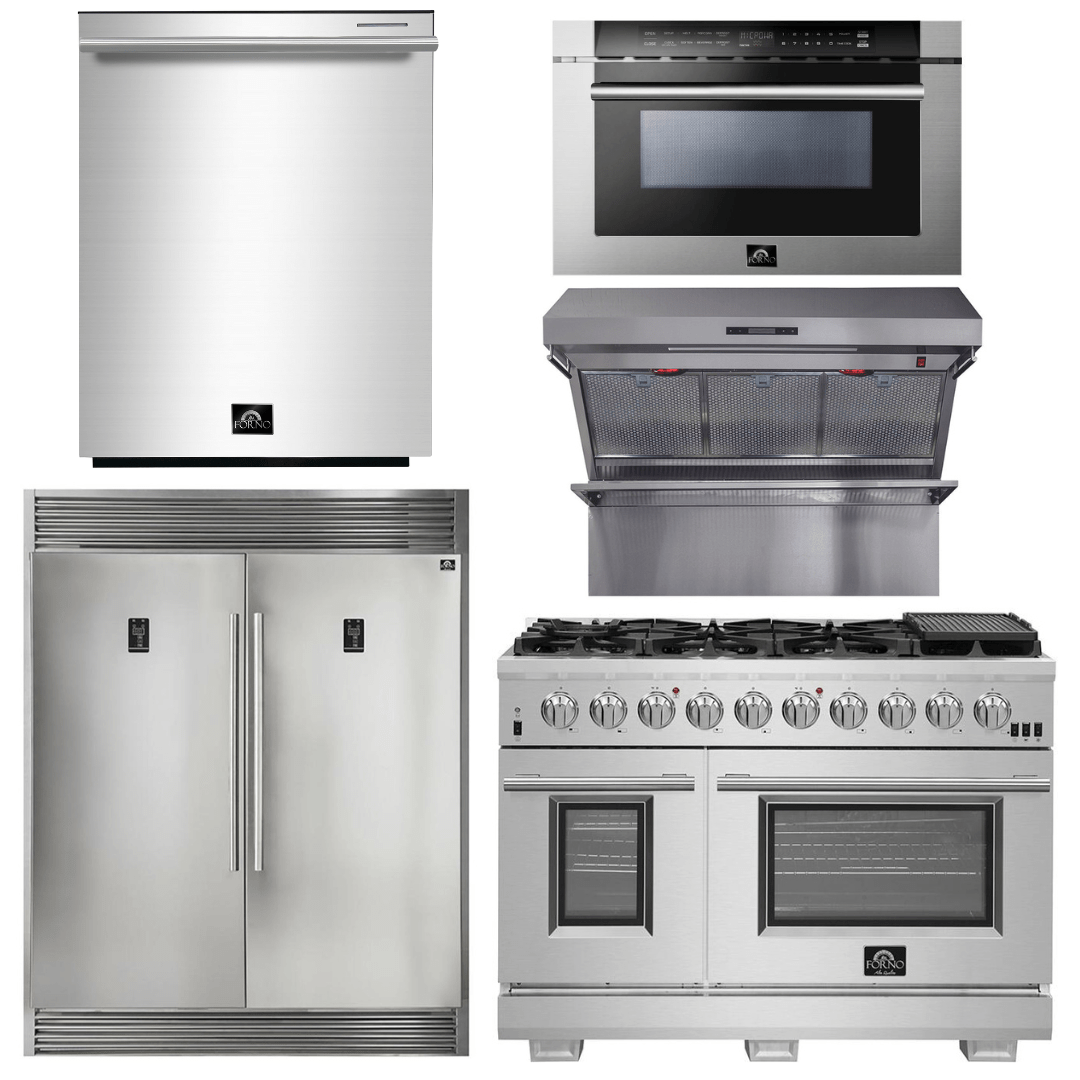 Forno Package 48-Inch Fuel Range, Range Hood, Refrigerator, Microwave, Dishwasher AP-FFSGS6187-48-8 I Luxury Appliances Direct