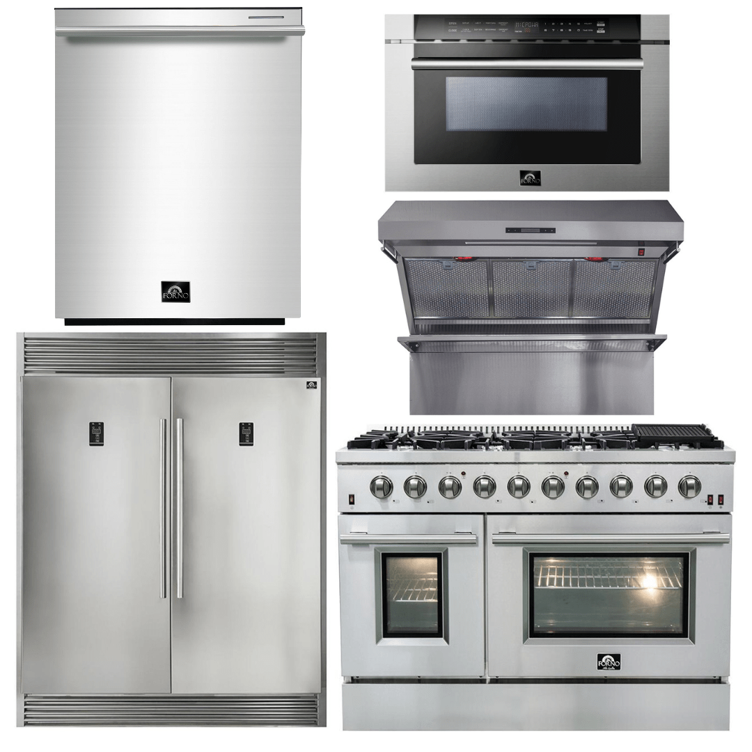 Forno Package 48-Inch Gas Range, Range Hood, Refrigerator, Microwave Drawer, Dishwasher, AP-FFSGS6244-48-8 I Luxury Appliances Direct