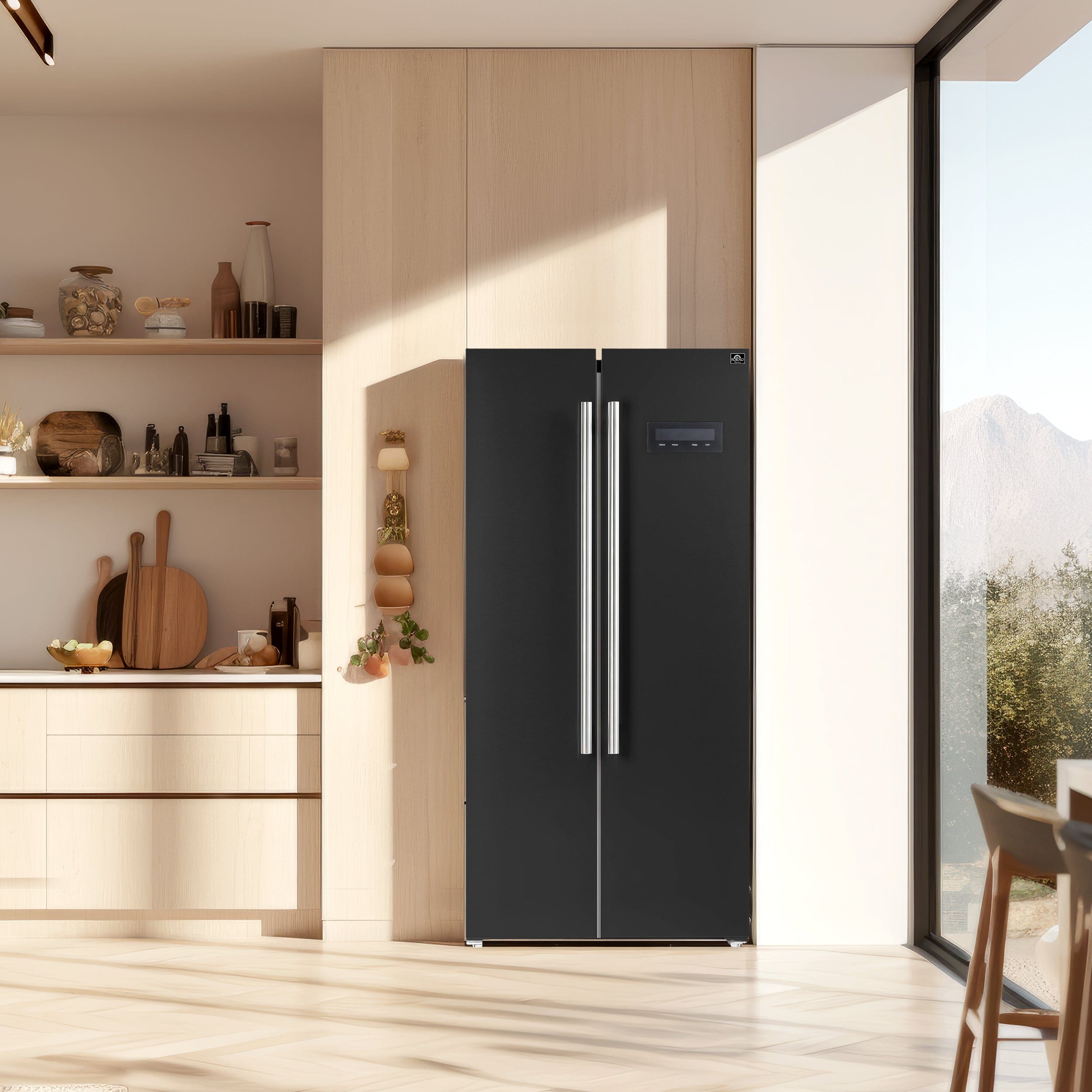 Forno Salerno Espresso 33" 15.6 cu. ft. Refrigerator in Black with Antique Brass Handles, FFRBI1805-33BLK I Luxury Appliances Direct