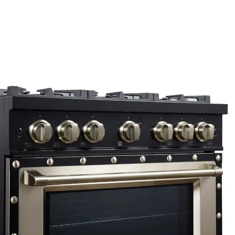 FORNO Valente FFSGS6199-36CPBLK 36-Inch Dual Fuel Range with 6 Sealed Burners & 5.2 Cu. Ft. Convection Oven – Black with Antique Brass