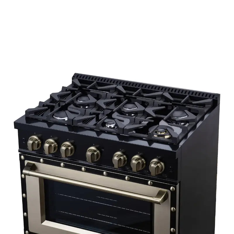 FORNO Valente FFSGS6199-36CPBLK 36-Inch Dual Fuel Range with 6 Sealed Burners & 5.2 Cu. Ft. Convection Oven – Black with Antique Brass