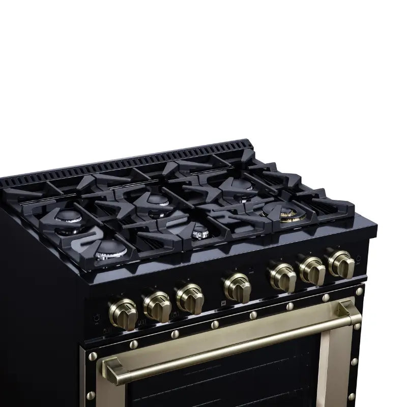 FORNO Valente FFSGS6199-36CPBLK 36-Inch Dual Fuel Range with 6 Sealed Burners & 5.2 Cu. Ft. Convection Oven – Black with Antique Brass