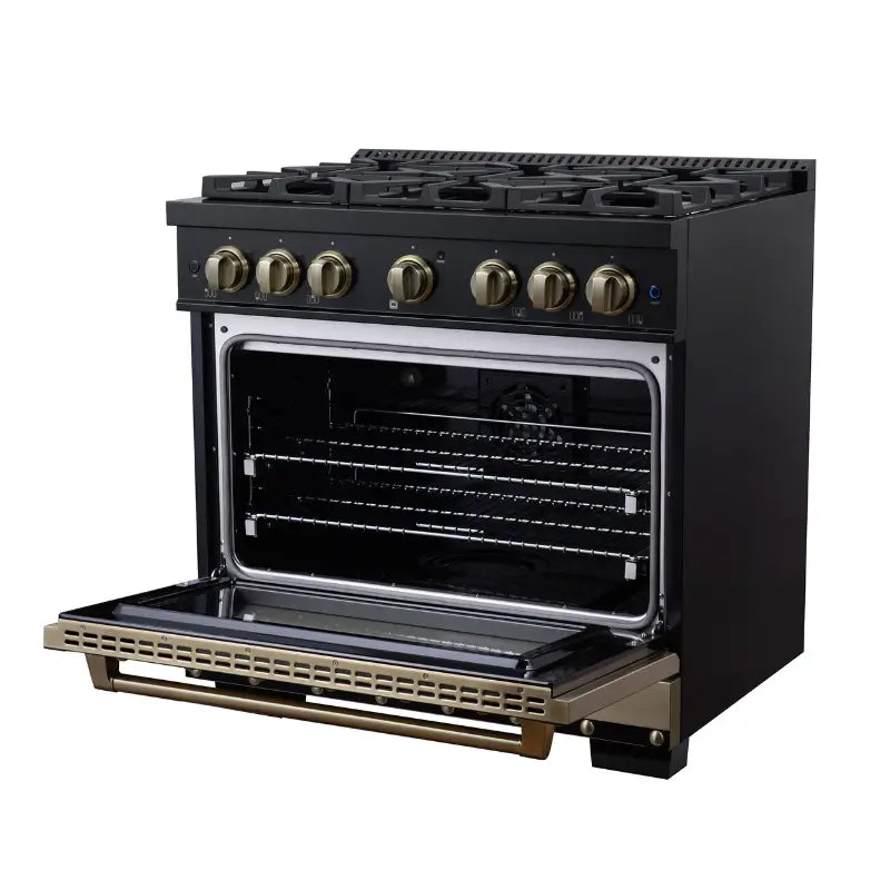 FORNO Valente FFSGS6199-36CPBLK 36-Inch Dual Fuel Range with 6 Sealed Burners & 5.2 Cu. Ft. Convection Oven – Black with Antique Brass