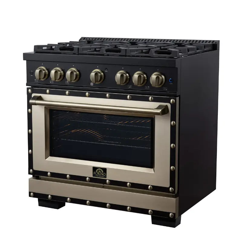 FORNO Valente FFSGS6199-36CPBLK 36-Inch Dual Fuel Range with 6 Sealed Burners & 5.2 Cu. Ft. Convection Oven – Black with Antique Brass
