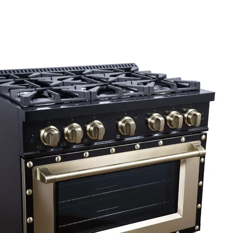 FORNO Valente FFSGS6199-36CPBLK 36-Inch Dual Fuel Range with 6 Sealed Burners & 5.2 Cu. Ft. Convection Oven – Black with Antique Brass