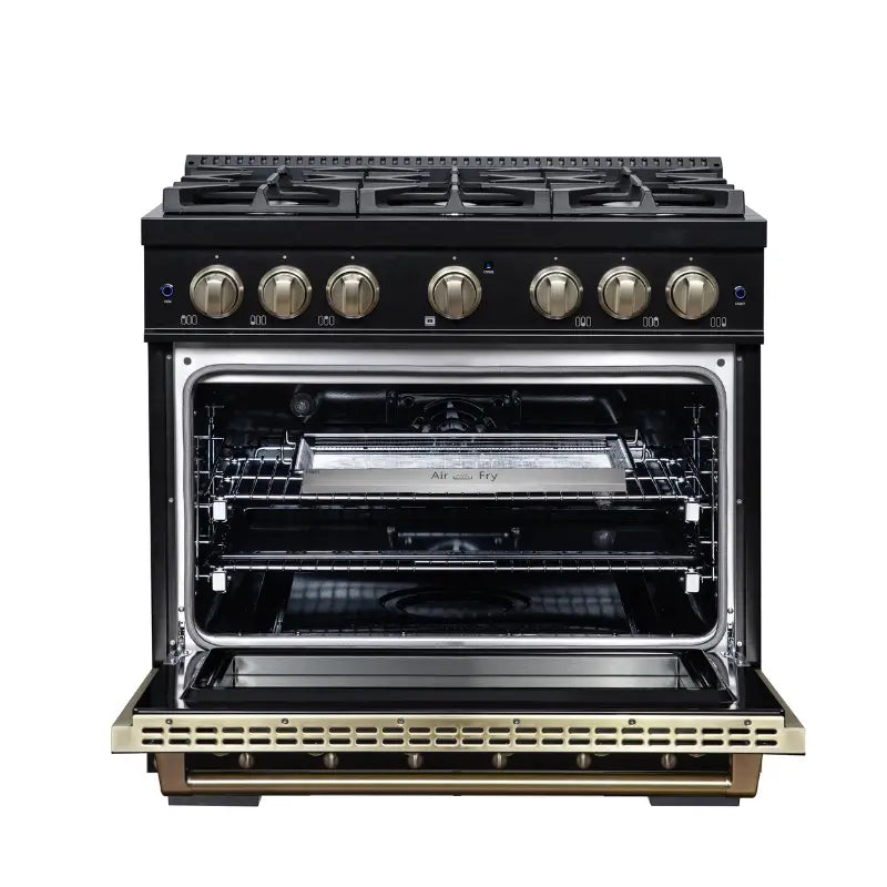 FORNO Valente FFSGS6199-36CPBLK 36-Inch Dual Fuel Range with 6 Sealed Burners & 5.2 Cu. Ft. Convection Oven – Black with Antique Brass