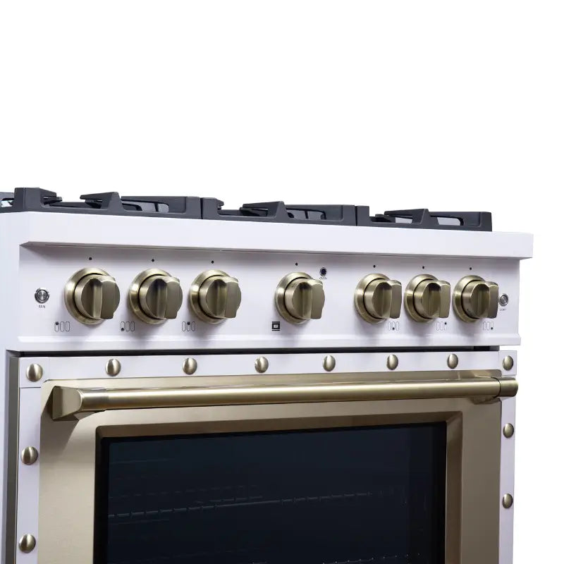 FORNO Valente FFSGS6199-36CPWHT 36-Inch Dual Fuel Range with 6 Sealed Burners & 5.2 Cu. Ft. Convection Oven – White with Antique Brass & Copper Accents