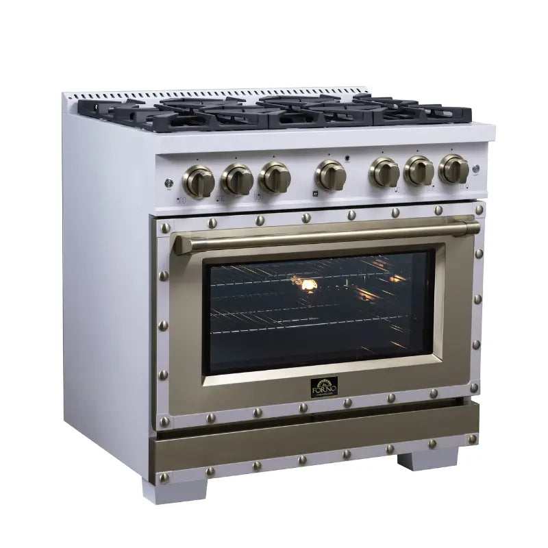 FORNO Valente FFSGS6199-36CPWHT 36-Inch Dual Fuel Range with 6 Sealed Burners & 5.2 Cu. Ft. Convection Oven – White with Antique Brass & Copper Accents
