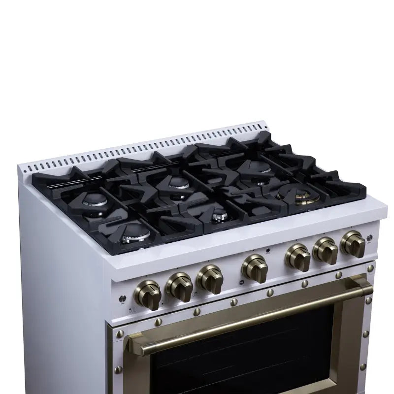 FORNO Valente FFSGS6199-36CPWHT 36-Inch Dual Fuel Range with 6 Sealed Burners & 5.2 Cu. Ft. Convection Oven – White with Antique Brass & Copper Accents