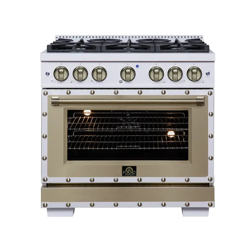 FORNO Valente FFSGS6199-36CPWHT 36-Inch Dual Fuel Range with 6 Sealed Burners & 5.2 Cu. Ft. Convection Oven – White with Antique Brass & Copper Accents
