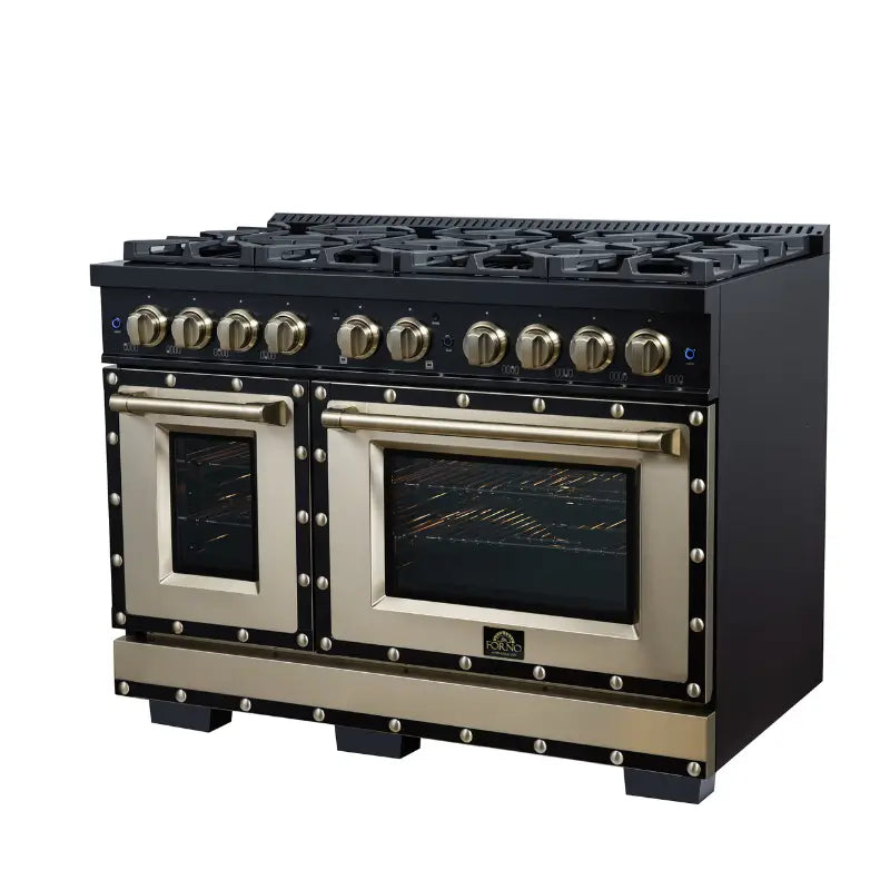 FORNO Valente FFSGS6199-48CPBLK 48-Inch Dual Fuel Range with 8 Sealed Burners & 6.7 Cu. Ft. Double Oven – Black with Copper Trim