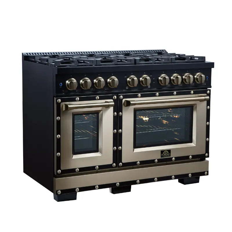 FORNO Valente FFSGS6199-48CPBLK 48-Inch Dual Fuel Range with 8 Sealed Burners & 6.7 Cu. Ft. Double Oven – Black with Copper Trim