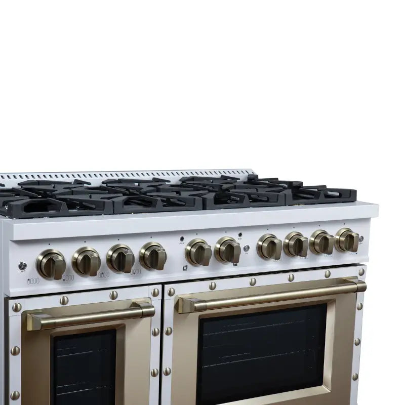 FORNO Valente FFSGS6199-48CPWHT 48-Inch Dual Fuel Range with 8 Sealed Burners & 6.7 Cu. Ft. Double Oven – White with Copper Trim