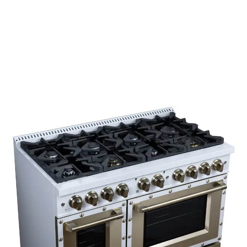 FORNO Valente FFSGS6199-48CPWHT 48-Inch Dual Fuel Range with 8 Sealed Burners & 6.7 Cu. Ft. Double Oven – White with Copper Trim