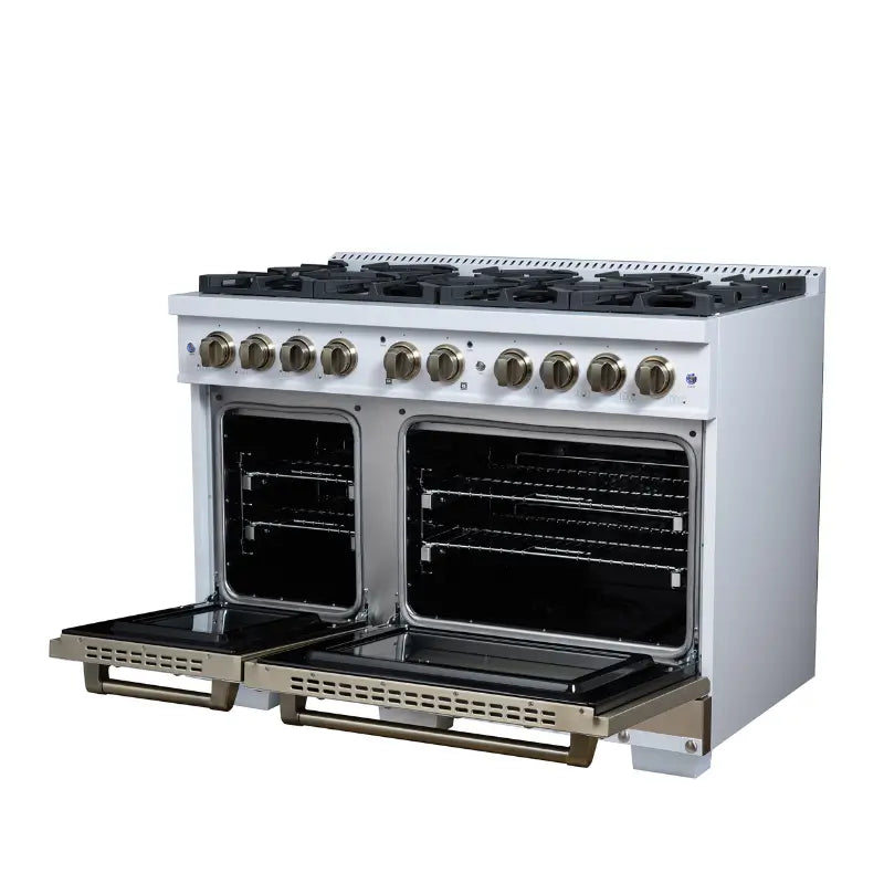 FORNO Valente FFSGS6199-48CPWHT 48-Inch Dual Fuel Range with 8 Sealed Burners & 6.7 Cu. Ft. Double Oven – White with Copper Trim