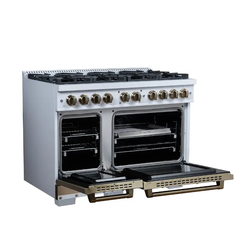 FORNO Valente FFSGS6199-48CPWHT 48-Inch Dual Fuel Range with 8 Sealed Burners & 6.7 Cu. Ft. Double Oven – White with Copper Trim