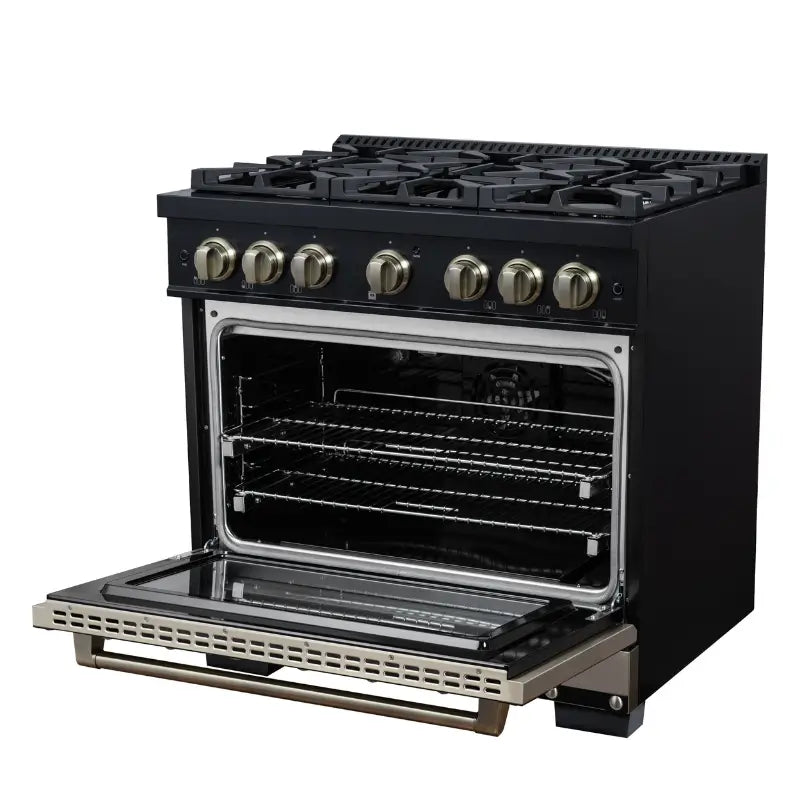 FORNO Valente FFSGS6299-36CPBLK 36-Inch Gas Range with 6 Sealed Burners, 71,000 BTU & 5.2 Cu. Ft. Convection Oven – Black with Copper Trim
