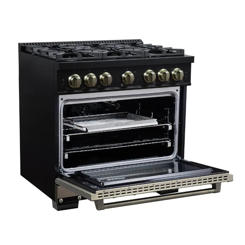 FORNO Valente FFSGS6299-36CPBLK 36-Inch Gas Range with 6 Sealed Burners, 71,000 BTU & 5.2 Cu. Ft. Convection Oven – Black with Copper Trim