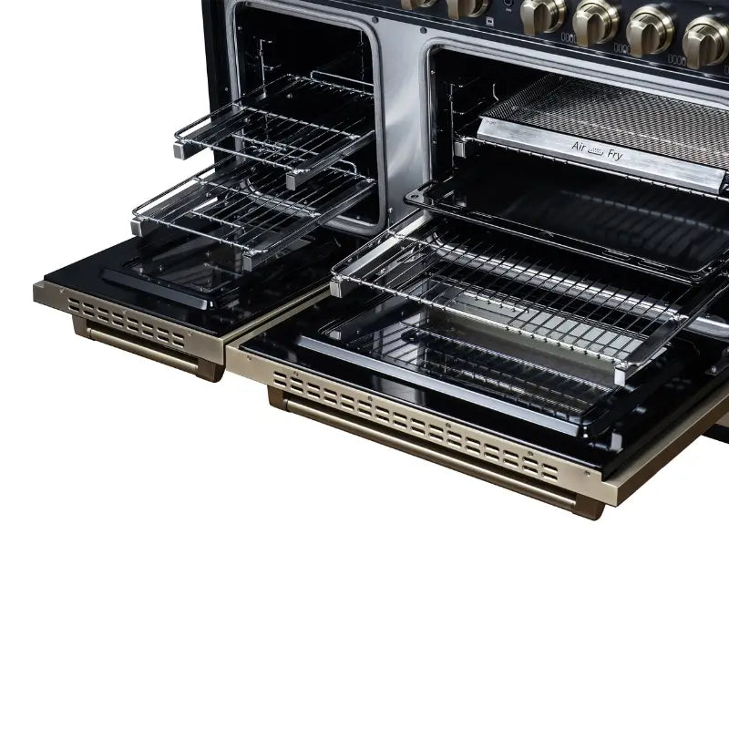 FORNO Valente FFSGS6299-48CPBLK 48-Inch Gas Range with 8 Sealed Burners, 94,000 BTU & 6.7 Cu. Ft. Double Oven – Black with Antique Brass