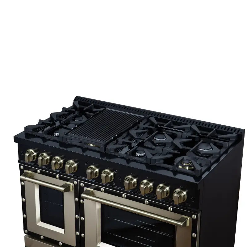 FORNO Valente FFSGS6299-48CPBLK 48-Inch Gas Range with 8 Sealed Burners, 94,000 BTU & 6.7 Cu. Ft. Double Oven – Black with Antique Brass