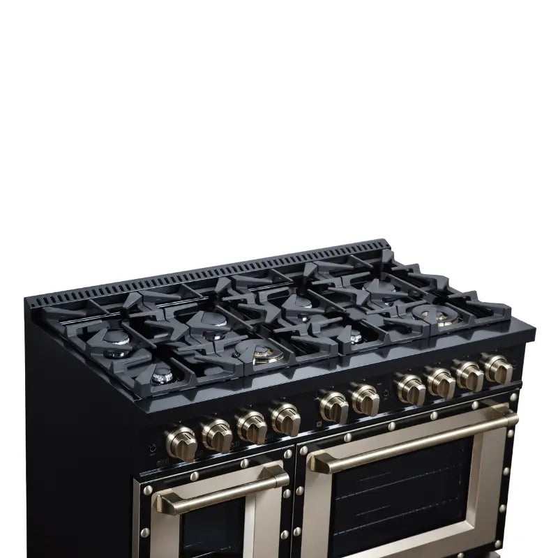 FORNO Valente FFSGS6299-48CPBLK 48-Inch Gas Range with 8 Sealed Burners, 94,000 BTU & 6.7 Cu. Ft. Double Oven – Black with Antique Brass