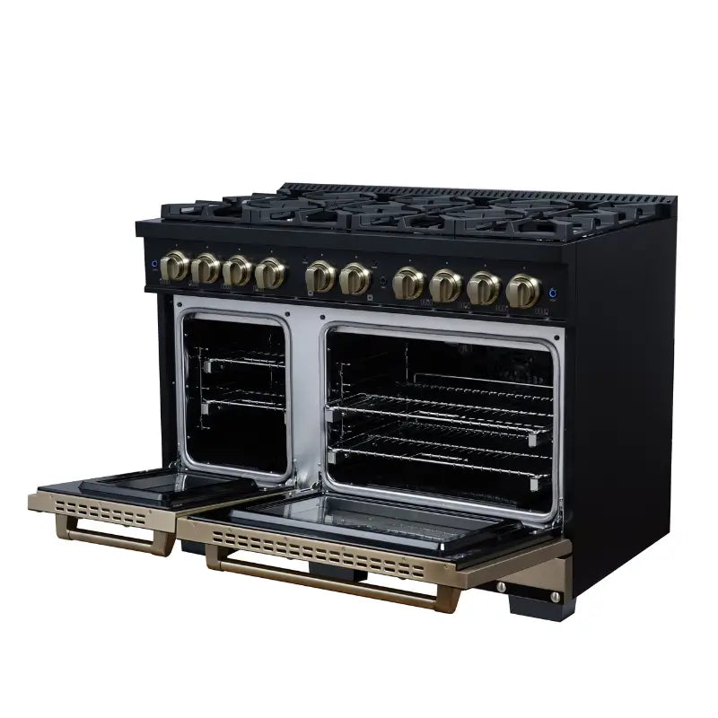 FORNO Valente FFSGS6299-48CPBLK 48-Inch Gas Range with 8 Sealed Burners, 94,000 BTU & 6.7 Cu. Ft. Double Oven – Black with Antique Brass