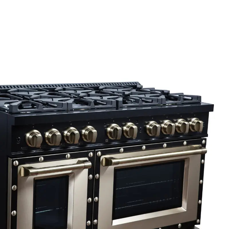 FORNO Valente FFSGS6299-48CPBLK 48-Inch Gas Range with 8 Sealed Burners, 94,000 BTU & 6.7 Cu. Ft. Double Oven – Black with Antique Brass
