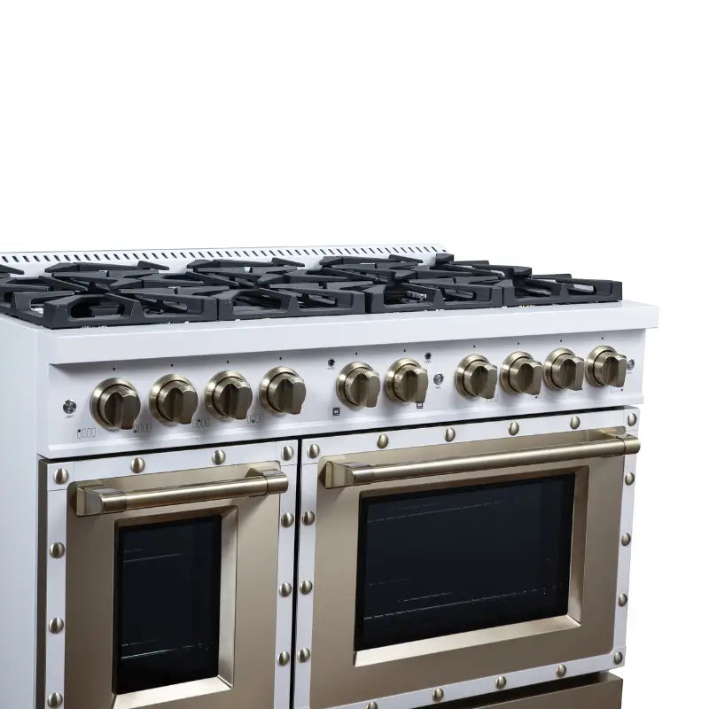 FORNO Valente FFSGS6299-48CPWHT 48-Inch Gas Range with 8 Sealed Burners, 94,000 BTU & 6.7 Cu. Ft. Double Oven – White with Copper Trim