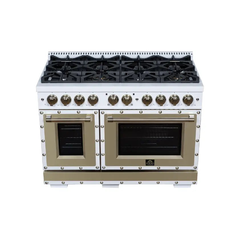 FORNO Valente FFSGS6299-48CPWHT 48-Inch Gas Range with 8 Sealed Burners, 94,000 BTU & 6.7 Cu. Ft. Double Oven – White with Copper Trim