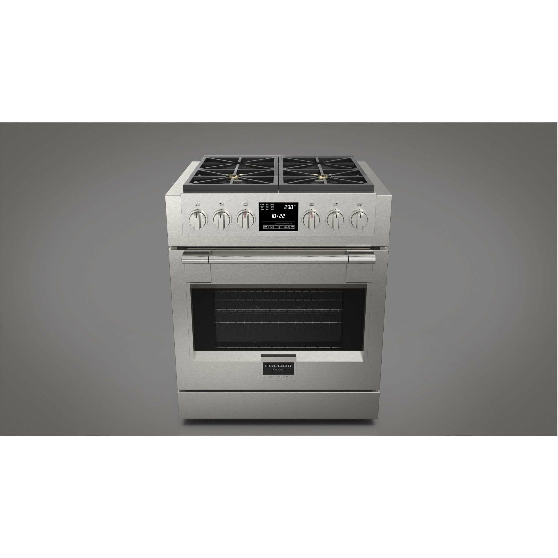 Fulgor Milano 30" Freestanding Dual Fuel Pro Range with 4 18,000-BTU Burners, Stainless Steel - F6PDF304S1 I Luxury Appliances Direct