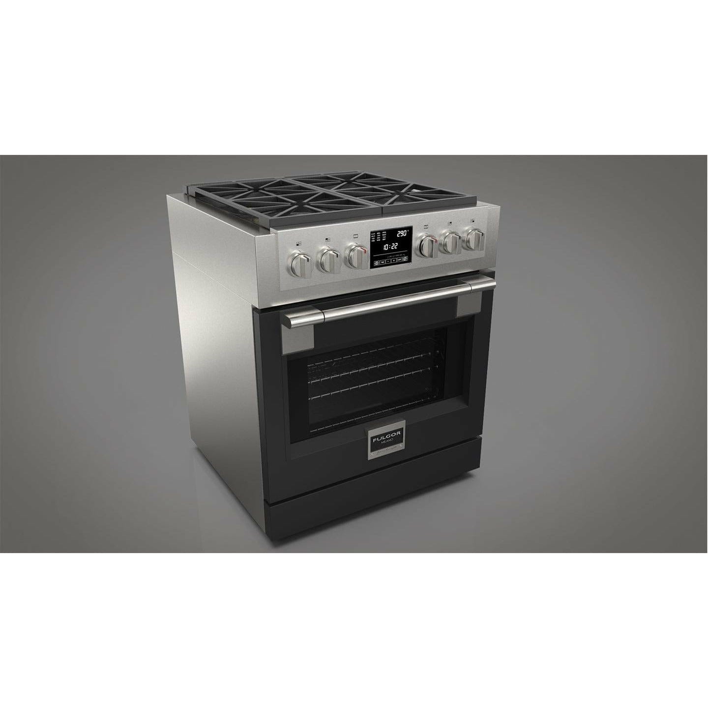 Fulgor Milano 30" Freestanding Dual Fuel Pro Range with 4 18,000-BTU Burners, Stainless Steel - F6PDF304S1 I Luxury Appliances Direct