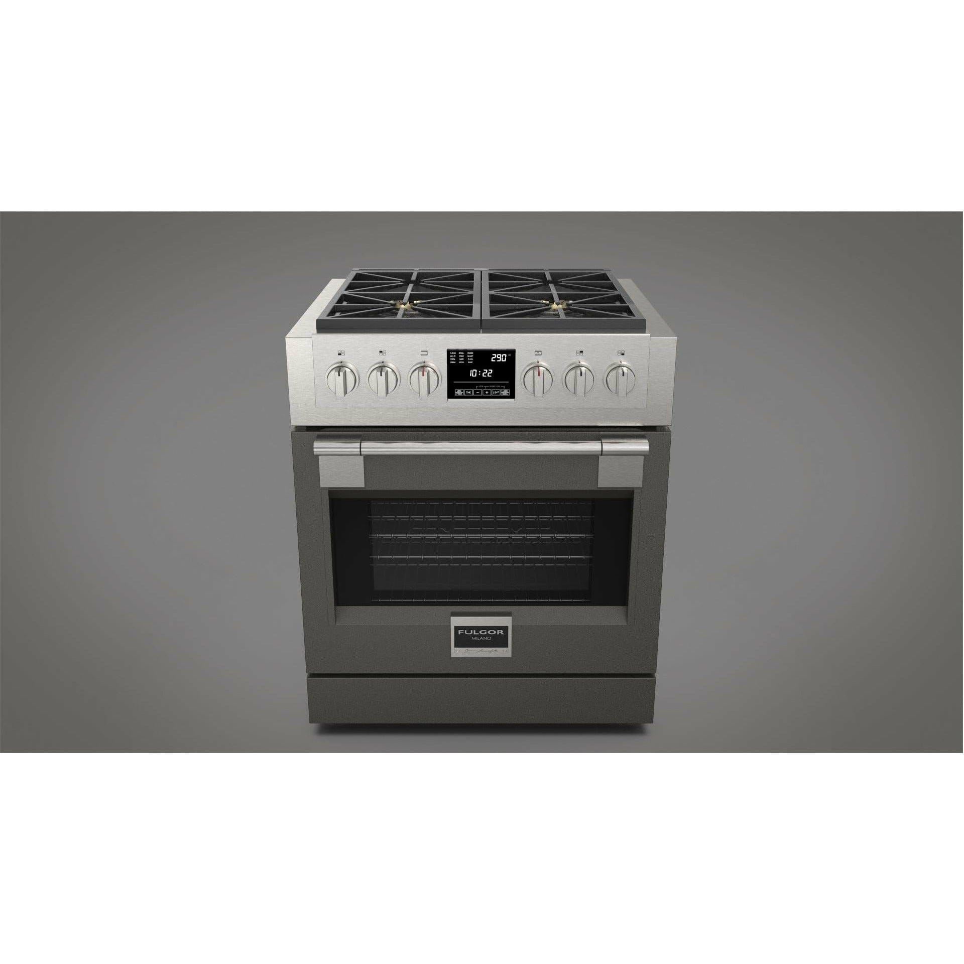 Fulgor Milano 30" Freestanding Dual Fuel Pro Range with 4 18,000-BTU Burners, Stainless Steel - F6PDF304S1 I Luxury Appliances Direct