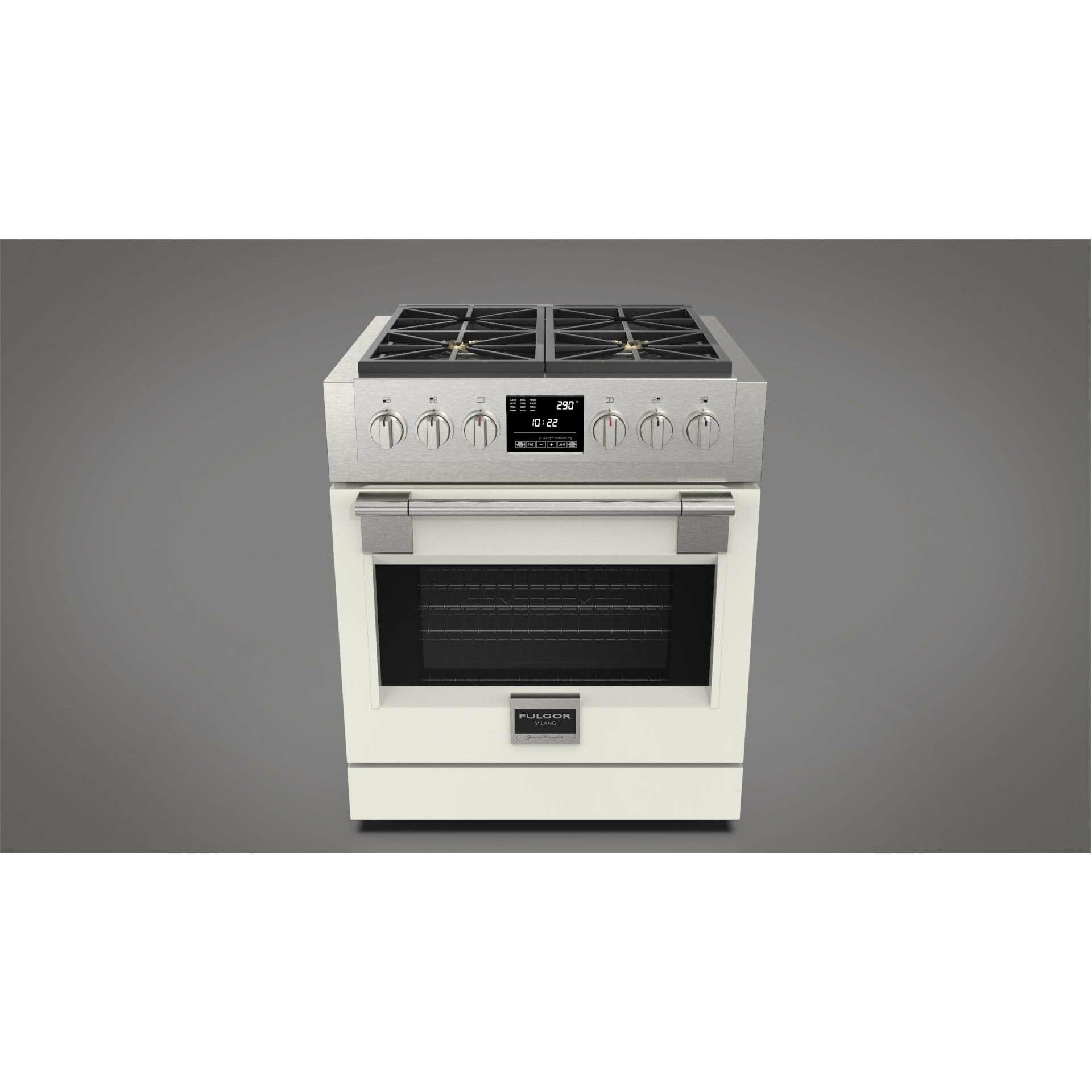 Fulgor Milano 30" Freestanding Dual Fuel Pro Range with 4 18,000-BTU Burners, Stainless Steel - F6PDF304S1 I Luxury Appliances Direct