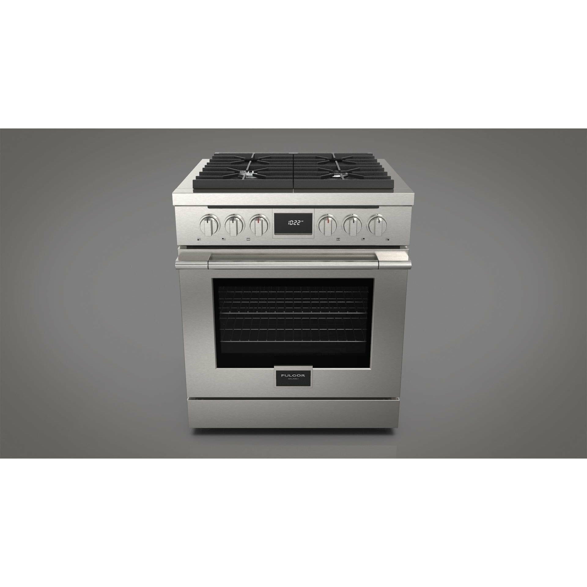 Fulgor Milano 30" Pro-Style Dual Fuel Range with 4 Sealed Burners, 4.4 Cu. Ft. Capacity w/ Stainless Steel - F4PDF304S1 I Luxury Appliances Direct