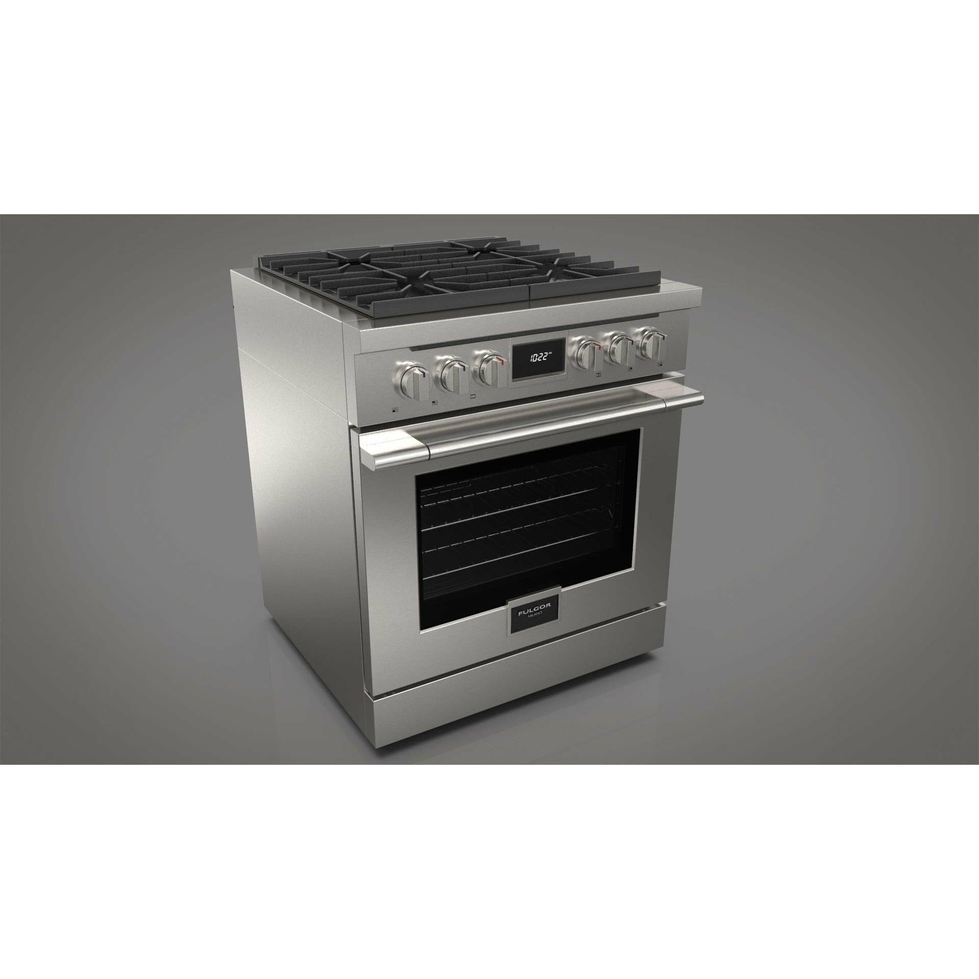 Fulgor Milano 30" Pro-Style Dual Fuel Range with 4 Sealed Burners, 4.4 Cu. Ft. Capacity w/ Stainless Steel - F4PDF304S1 I Luxury Appliances Direct