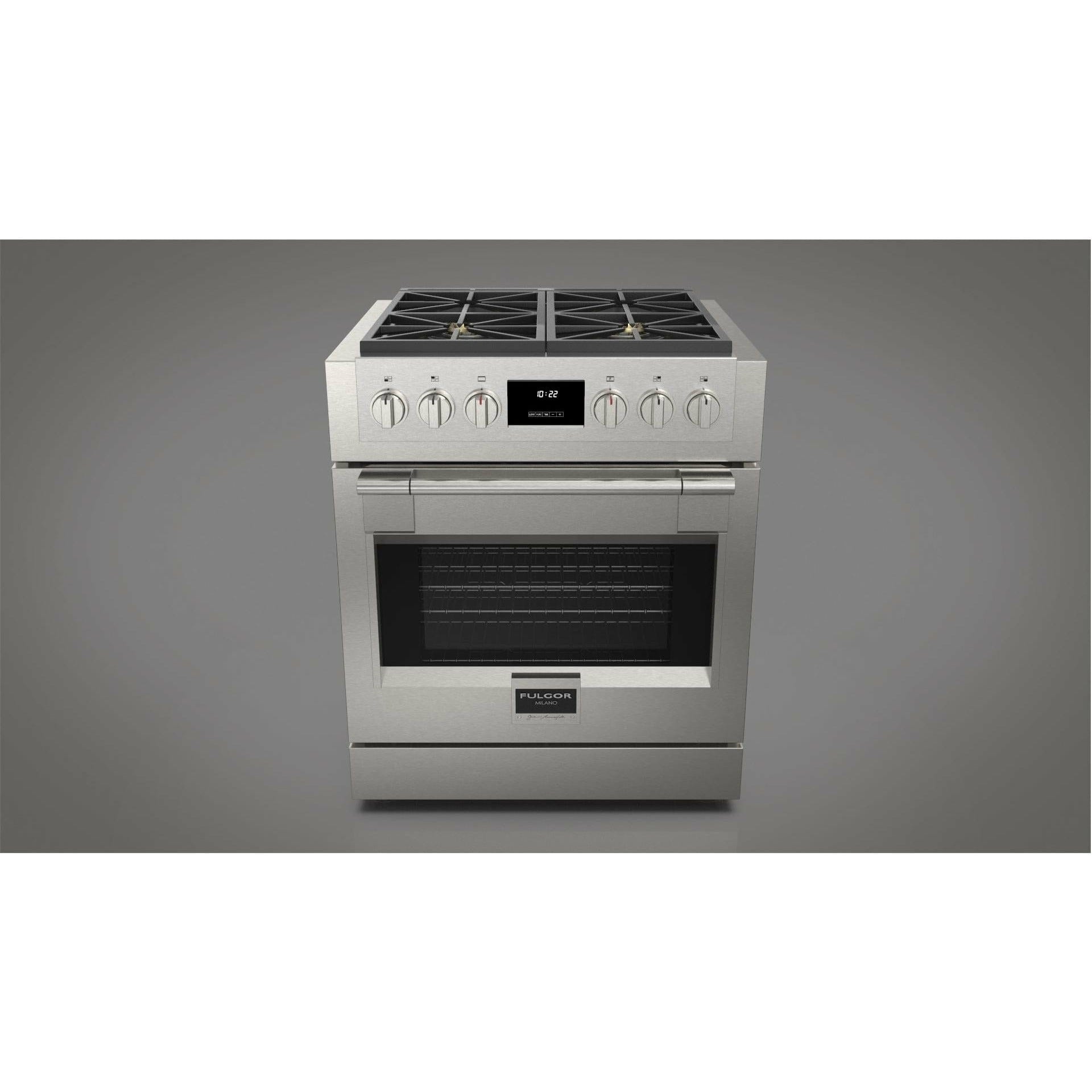 Fulgor Milano 30" Professional All Gas Range with 4 Dual-Flame Burners, 4.4 cu. ft. Capacity w/ Stainless Steel - F6PGR304S2 I Luxury Appliances Direct