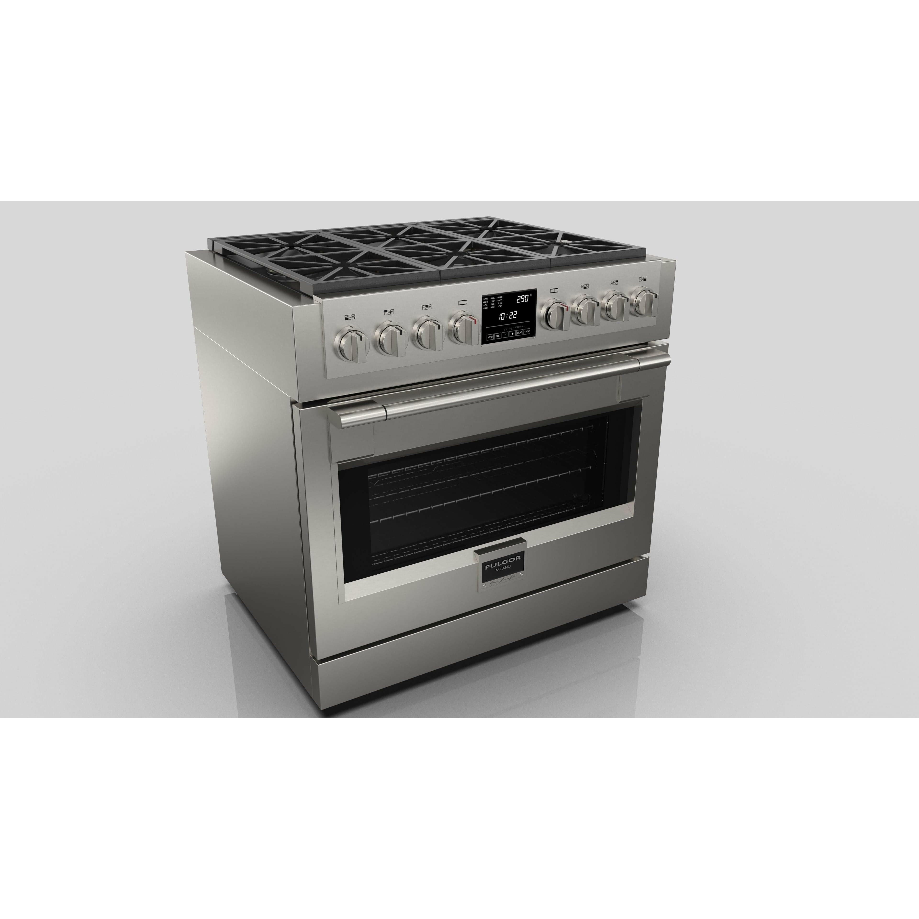 Fulgor Milano 36" Freestanding Dual Pro Fuel Range with Four 18,000 BTU Burners, Stainless Steel - F6PDF366S1 I Luxury Appliances Direct