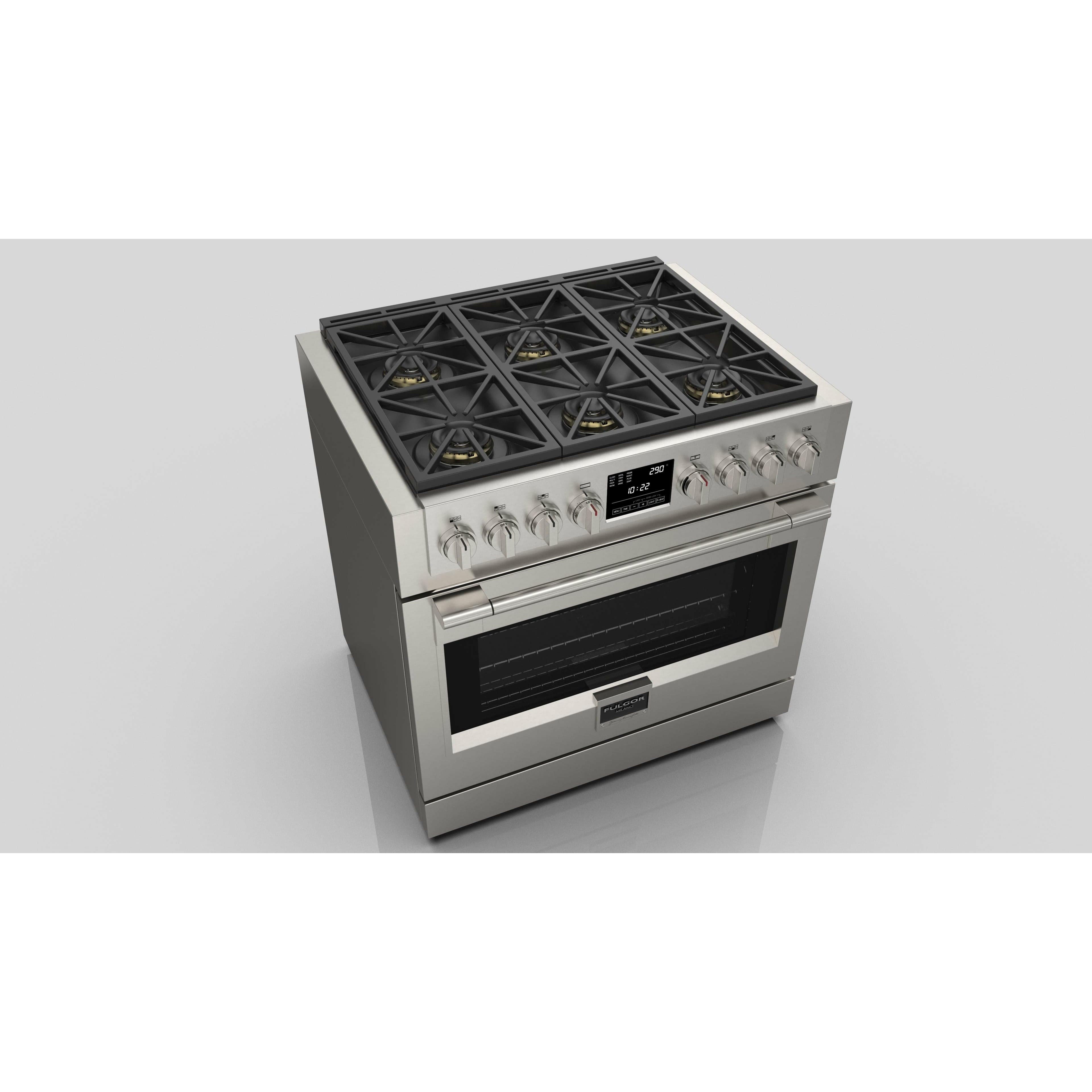 Fulgor Milano 36" Freestanding Dual Pro Fuel Range with Four 18,000 BTU Burners, Stainless Steel - F6PDF366S1 I Luxury Appliances Direct