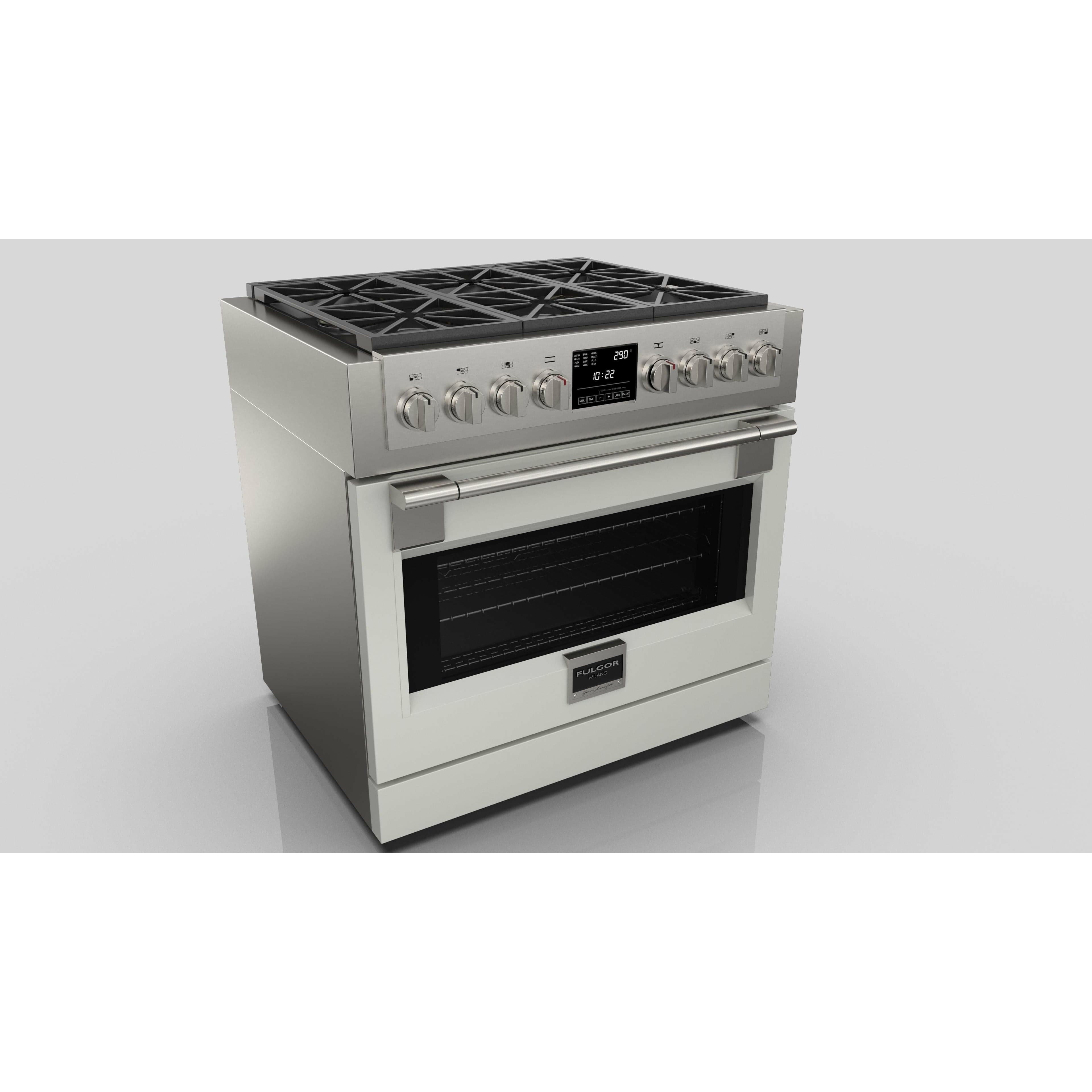 Fulgor Milano 36" Freestanding Dual Pro Fuel Range with Four 18,000 BTU Burners, Stainless Steel - F6PDF366S1 I Luxury Appliances Direct