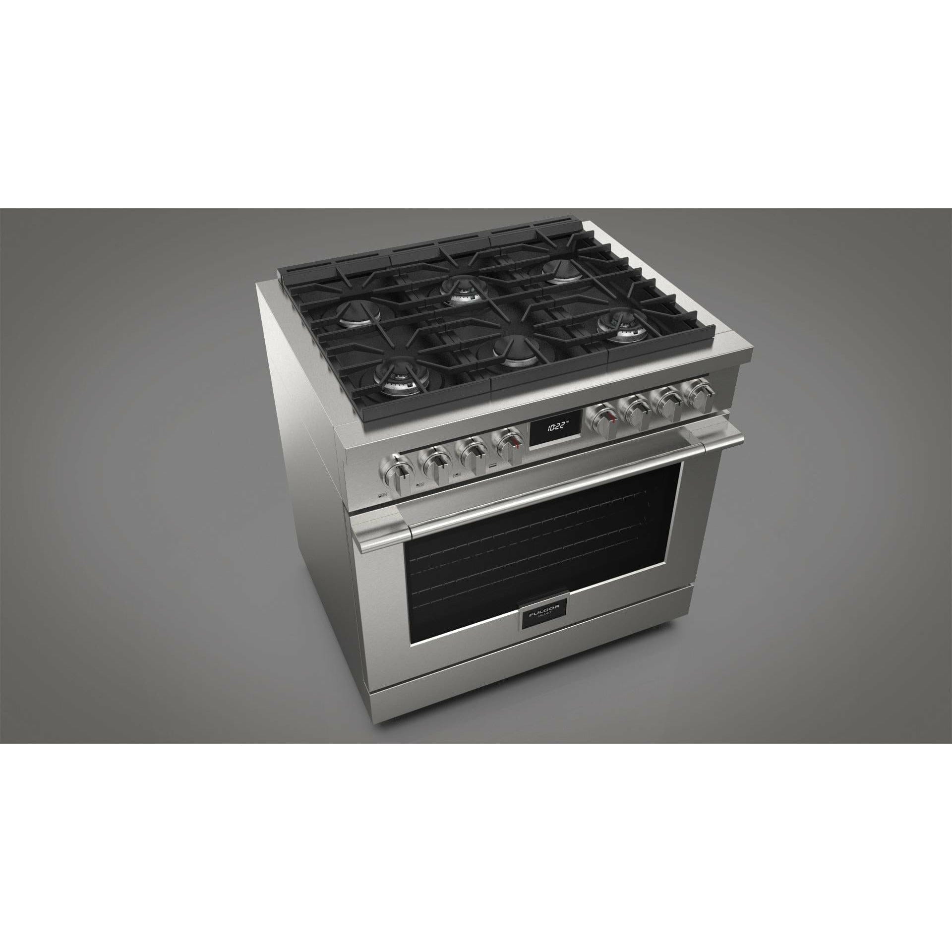 Fulgor Milano 36" Pro-Style Dual Fuel Range with 5.7 Cu. Ft. Capacity, Stainless Steel - F4PDF366S1 I Luxury Appliances Direct